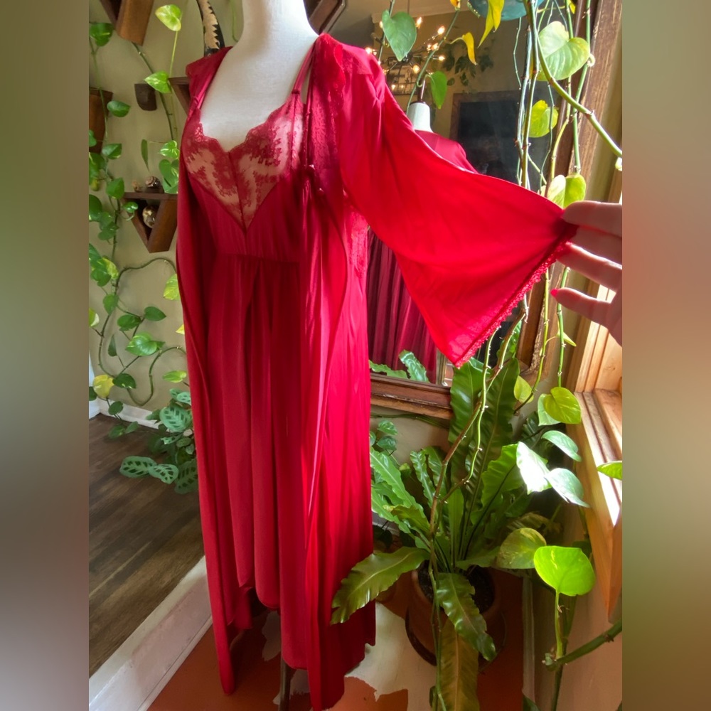 Vintage Red Texsheen Nightgown & Robe Lingerie Set, 1970s 1980s